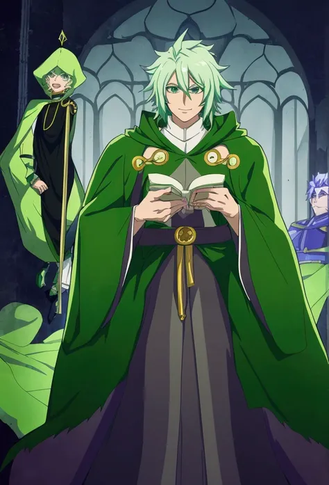 Anime-style image of a man wearing a green cape and green cloak, Kashmir Art, Beautiful androgynous prince, Handsome men from Demon Slayer, picture of a male cleric, Official character illustration, A delicate androgynous prince, Inspired by Chris from Del...