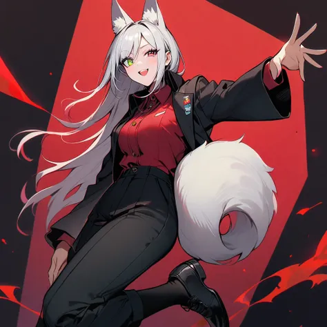 (well done: 1) woman, long straight white hair, white fox ears, white fox tail, green left eye, red right eye, red shirt, black bulky jacket, black pants, black shoes.