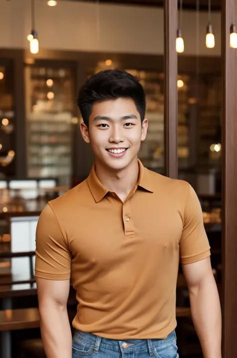 ((realistic daylight)) , Young Korean man in only a brown polo shirt, no stripes, and jeans., A handsome, muscular young Asian man looks at the camera.  , in the restaurant ,turn sideways, smile