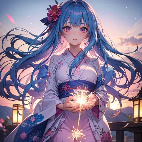 Sky Blue Medium Hair, (Braided Hair),(Pink Eyes),Fair skin ,(whole body),(1 girl)、Floral Yukata、summer night、Extra-large fireworks filling the night sky、Straight bangs,(masterpiece, Highest quality, Very detailed, Best Shadow), (Detailed Background), (Beau...