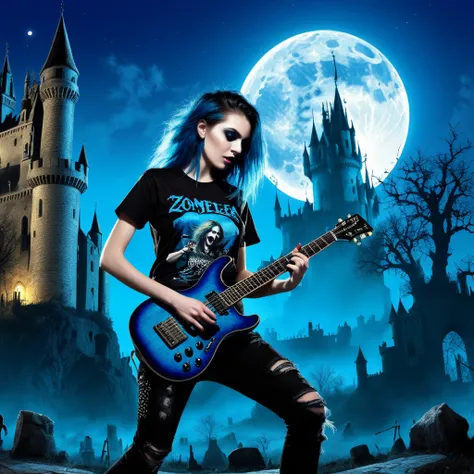 rocker playing guitar with a name t-shirt "cavera_rock" nele. for a group of zombies, in the background a gothic renaissance cas...