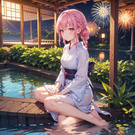 Sky Blue Medium Hair, (Braided Hair),(Pink Eyes),Fair skin ,(whole body),(1 girl)、highres, masterpiece, best quality, ultra-detailed 8k wallpaper, extremely clear, (detailed beautiful face):1.2, from above, 1girl, 独奏, yukata, He’s looking at us, sitting, T...