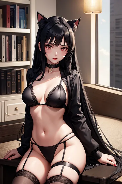 Detailed facial details，16 years old，1 girl，Red lips，Cat ear，Black long hair，Wearing a solid black bikini，Large Breasts，Garter stockings，Slim，Collar，Radiant Skin，sit on the chair，office，bookshelf