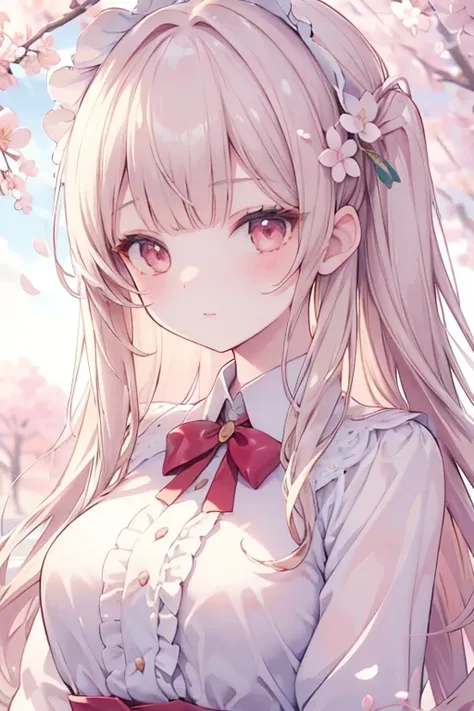 masterpiece, best quality, ultra-detailed, illustration, cute, Girl, Solo, face focus, blown hair, long hair, wavy hair, blunt bangs, blouse, happy,  cherry blossoms