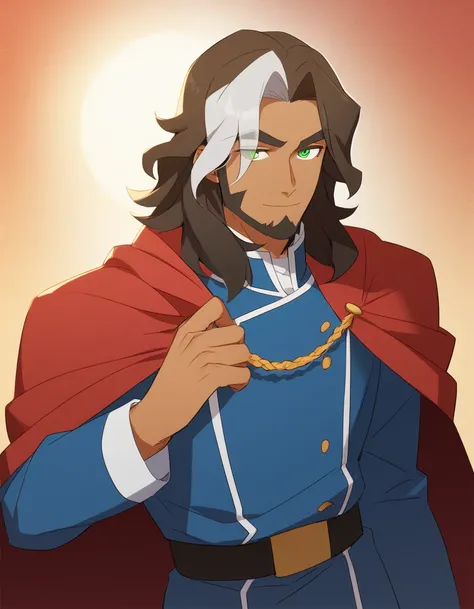 1man, derpixon, fandeltales, parted bangs, short gray hair, silver colored tips two-tone hair, multicolored dark brown hair, solo, middle-thick eyebrow, masculine handsome prince, beard, green eyes, black pupils, lens eye, tanned skin, BREAK red cloak, dar...