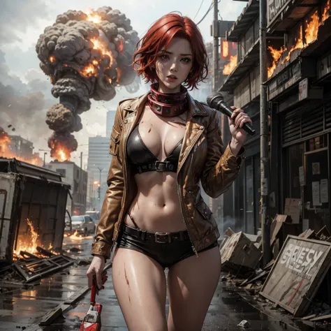 A female reporter with red hair holding a mic, A doomsday scene, chaotic, destruction, explosion, burning, meteorites rained down on the earth, post-apocalyptic