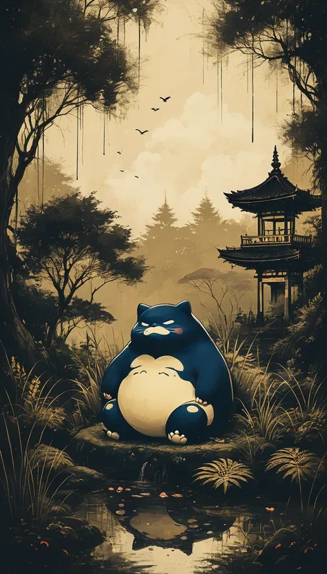 an impressive painting of the pokémon snorlax in a japanese garden。very precisely drawn。snorlax is sleeping with his eyes closed