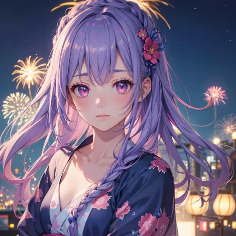 Sky Blue Medium Hair, (Braided Hair),(Pink Eyes),Fair skin ,(whole body),(1 girl)、Floral Yukata、summer night、Extra-large fireworks filling the night sky、Big fireworks、Straight bangs,(masterpiece, Highest quality, Very detailed, Best Shadow), (Detailed Back...