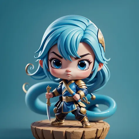 Chibi snake heroes ,heroes fight,force fight win，Cute baby snake，Chinese style,blade fight，Blue big blade, 3d