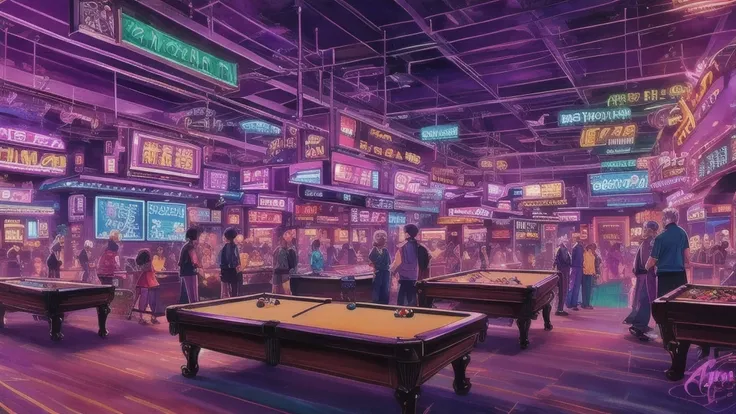 anime, casino, pool table, people laying on table, people in background, lowlights, purple tone, picture book illustrations, neo...