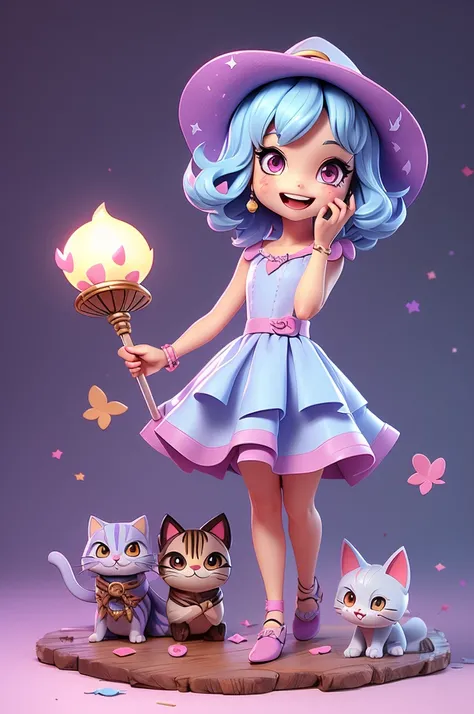 A cute little witch with a feline and mischievous look, tiny, pink eyes, witch hat, cat mouth, cuteness, holding a staff, fun look, messy, lively, smiling, chibi, tiny, short, light blue hair, grayish purple dress #6e5375.