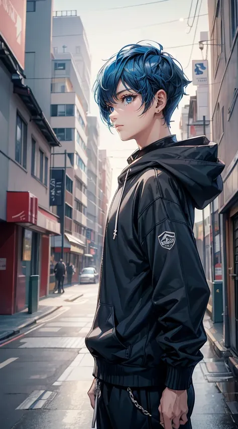 ((4K works))、​masterpiece、(top-quality)、One Beautiful Boy、Slim body、tall、((Attractive street style in black hoodie))、(Detailed beautiful eyes)、Fantastic British cities、Daytime city、((Walking through a city in the UK))、((Daytime bright sky))、((Cities in Uni...