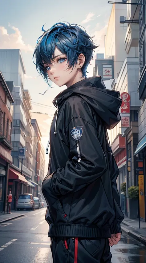 ((4K works))、​masterpiece、(top-quality)、One Beautiful Boy、Slim body、tall、((Attractive street style in black hoodie))、(Detailed beautiful eyes)、Fantastic British cities、Daytime city、((Walking through a city in the UK))、((Daytime bright sky))、((Cities in Uni...