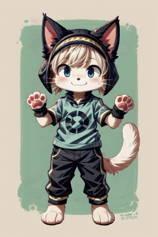 score_9, score_8_up, score_7_up, with Short sleeves , fake animal ears, animal ears, cat ears, paw gloves, cat paws, paw pose, smile, standing, simple background