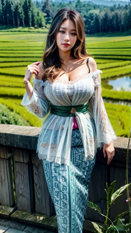 Create a photorealistic masterpiece of a beautiful woman with long hair wearing traditional tight Indonesian kebaya attire. Big breasts, huge breasts, open cleavage, perfect body, busty body, full body, full body close-up, off-shoulder, at the rice fields,...