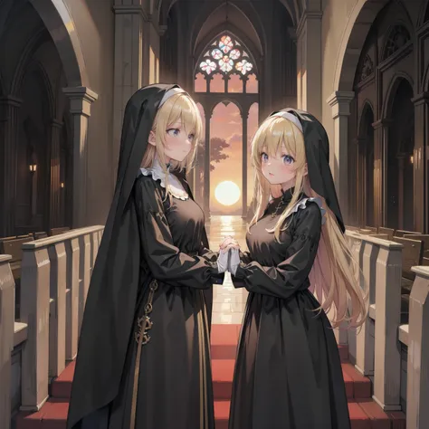 Praying with hands together　Rubber puff sleeve　Golden Rosary　Interior background of the church　Stained glass　　sunset　Orange Room　anime　Vinyl Sister Black Veil　Nuns　Shiny black sister outfits　Blonde long hair　　Extra long black rubber gloves　cute　Pathetic　cl...