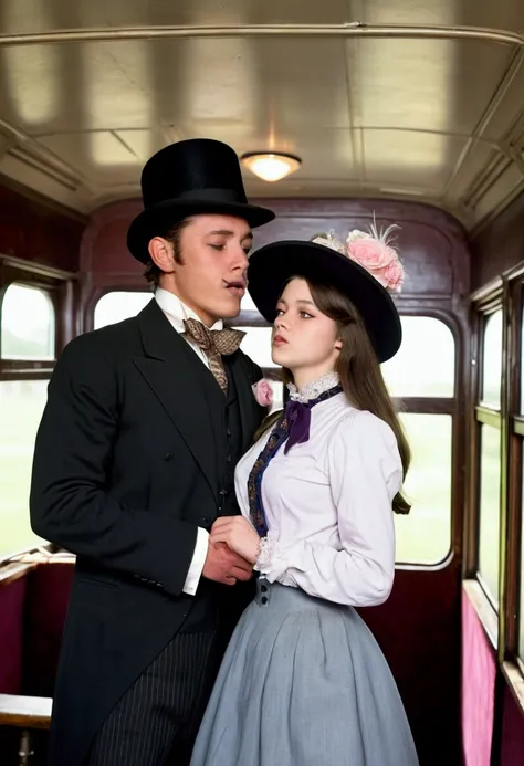 Year 1901. A pretty 14yo brunette teenage Gibson Girl dry-humped by a horny 69yo gentleman inside a train car. The girl wears a Victorian high-collar long sleeve shirtwaist, floor-length skirt and a wide-brimmed picture hat topped with feathers, ribbons an...