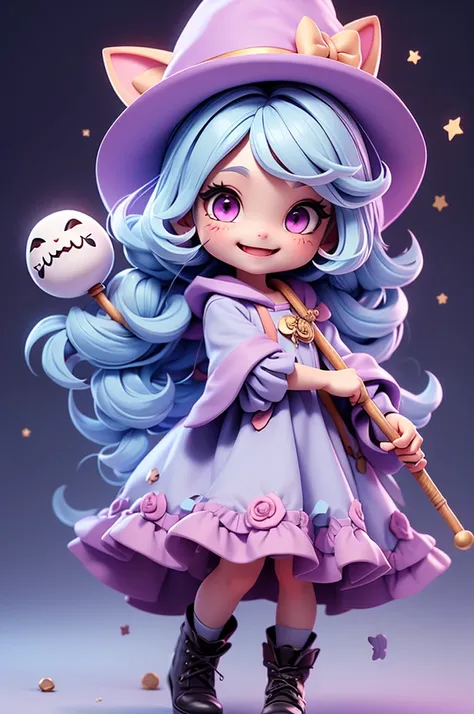 a cute little witch with a feline and mischievous look, tiny, pink eyes, witch hat, cat mouth, cuteness, holding a staff, fun lo...