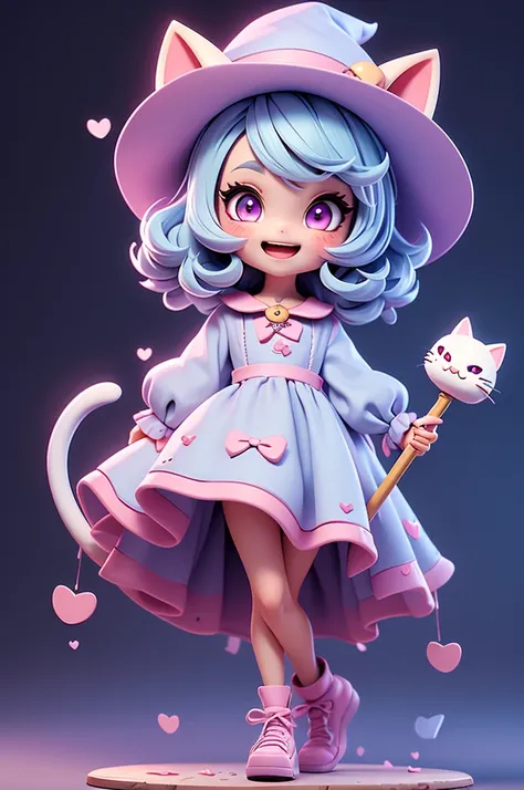 a cute little witch with a feline and mischievous look, tiny, pink eyes, witch hat, cat mouth, cuteness, holding a staff, fun lo...