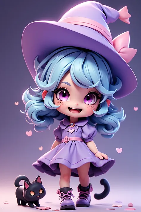 a cute little witch with a feline and mischievous look, tiny, pink eyes, witch hat, cat mouth, cuteness, fun look, messy, lively...