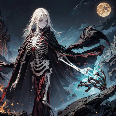 full-body shot, wide-angle lens, best quality, 4K, high resolution, masterpiece, Very detailed, Mood lighting, An undead girl in a long cape, Whole body including hands & arms & legs & feet are all skeleton bones but except the head is still beautiful huma...