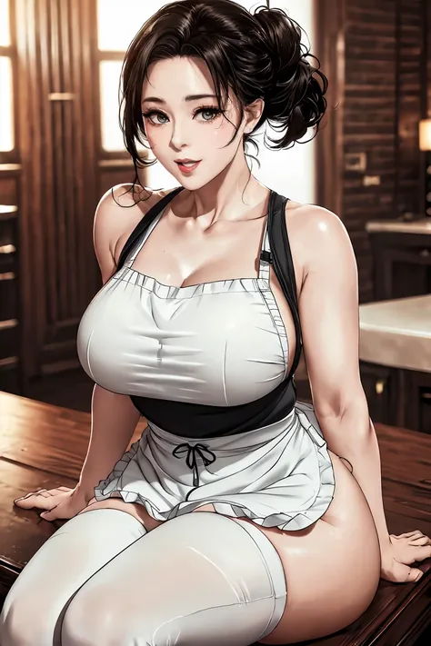 apron,sweat,(random sex pose:1.2),(random hairstyle),(thin type:1.5),(large breasts),(highest image quality,(8k), ultra-realisti...