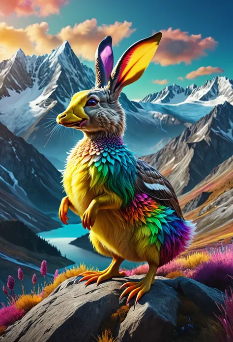 a surreal Wolpertinger, Hybrid creature made of duck, rabbit, and mouse, in exhilarated colors, in front of a mountainous landscape, (best quality,4K,8k,highres,​masterpiece:1.2),Ultra-detail,(realisti,photorealisti,photo-realisti:1.37),Intricate detailing...