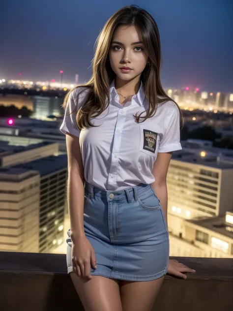 1girl, (uniform), standing, lean towards camera, outdoors, night view, detailed Metropolitan city at the background, detailed face, detailed eyes, brunette, big breasts, smooth realistic skin, semi-curvy body, white shirt, grey blue miniskirt, looking at t...