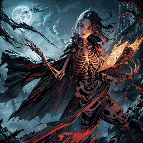 full-body shot, wide-angle lens, best quality, 4K, high resolution, masterpiece, Very detailed, Mood lighting, An undead girl in a long cape, Whole body including hands & arms & legs & feet are all skeleton bones but except the head is still beautiful huma...