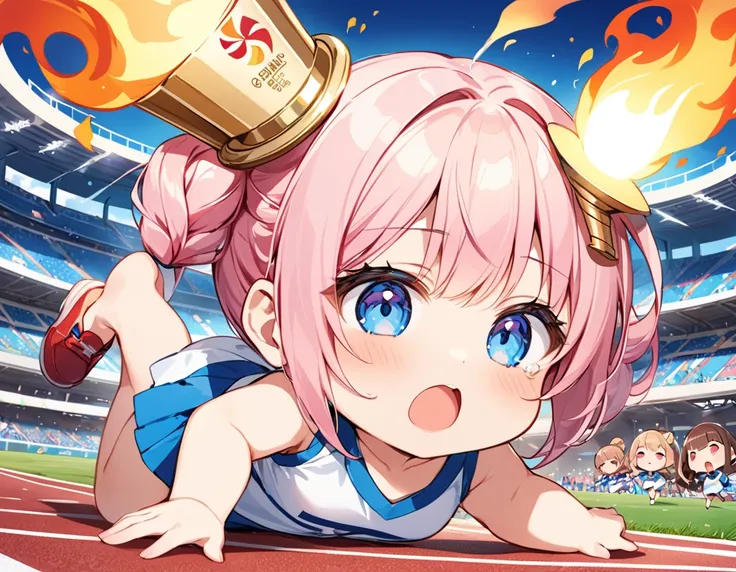 Highest quality、High resolution、Detailed Background、Beautiful face in every detail、Anatomically correct、Detailed facial expressions、fine grain、((full body, from below, side view)), ((One Girl:1.2))、((Chibi Girl:1.2))、Cute hair color、Big beautiful blue eyes...