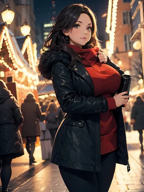 night, winter, Curvy sexy woman, wearing top, winter coat, leggings, long hair, Leaving the Christmas market, Bokeh, Depth of Field, low angle shot,