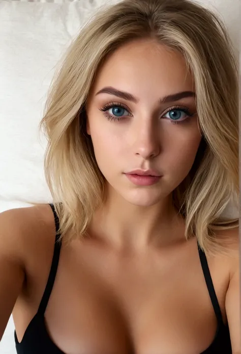 femme pleinement , fille sexy aux yeux bleus, Ultra réaliste, minutieusement détaillé, cheveux blonds et grands yeux, selfie d une jeune femme, yeux de la chambre, sans maquillage, maquillage naturel, regarder directement la caméra, visage avec artgram, ma...