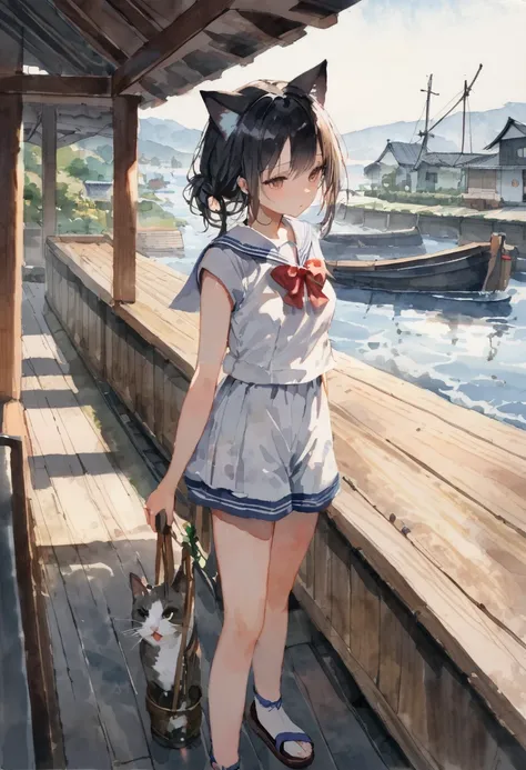 masterpiece, best quality,A girl standing in a japanese rural harbor(Funaya, Kyoto), cat ears,(Sailor costume, shorts, sandals), old fishing boats, with cats,((look away)),magnificent view,(tween,short hight,middle small breasts),(Watercolor:1.3),