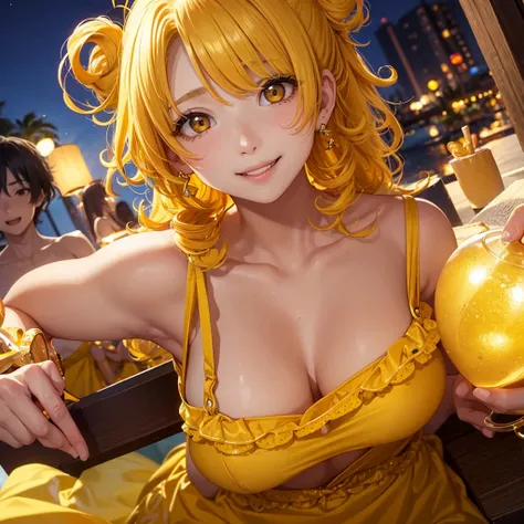 14 years old、beautiful girl、smile、Yellow Hair、Big eyeoonlit Night、Close-up of face、Beautiful collarbone、Yellow Dress、Close-up of face、Cleavage、Yellow Earrings、Curly Hair、Yellow Bikini