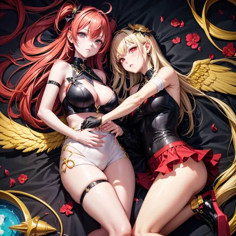 Create an image that combines elements of angel and devil in a girl stylized in kawaii style. Use cores fortes, like gold and red, to create a vibrant contrast. The character must have a look that mixes delicate and dark, reflecting a waifu aesthetic with ...