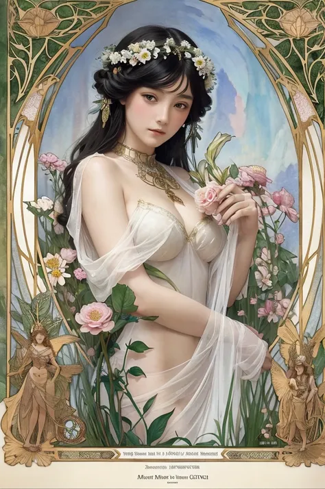 Depicts a beautiful woman with flowers in her hair、Highly detailed watercolor painting, The style of Alfons Maria Mucha and Gustav Kirmut, Art Nouveau accents, Fairy Princess, Anthropomorphic woman, Female figure, Detailed cover artwork, As the Flower Godd...