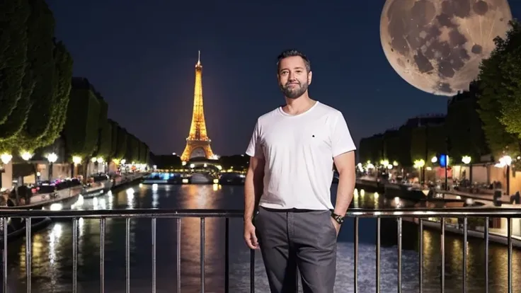 Realistic。Full body portrait。Middle-aged man with a short beard。Slim figure。Wearing a white T-shirt and denim pants。His gray hair is short and combed back.。Gentle smile。The background is the night view of Paris。You can see the Eiffel Tower。Shopping street ...