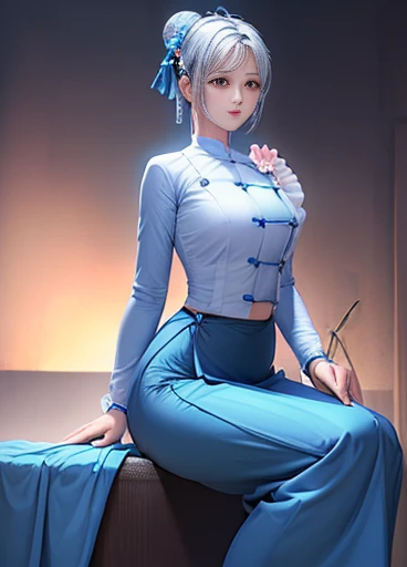 photorealistic, high resolution, masterpiec e best quality ultra-detailed, 1women. (m edium breast), hair bun, jesmine flower o n the head, mature female, solo, hips up, (wearing acmmsayarma outfit, acmmsaya rma ( 💙 top ) with buttons, long sleeves), ((acm...