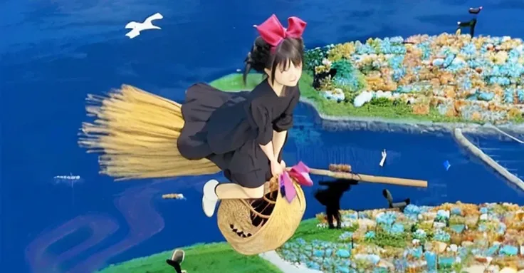 hair：黒hairで、Shoulder length。赤いリボンでhairを束ねている。
clothing：Wearing a black dress。
expression：楽しげなexpressionで、Staring at something。
Pause：Flying in the sky on a broom。
Small items：A basket is tied to the broom、Decorated with pink ribbon。There is luggage in the ...