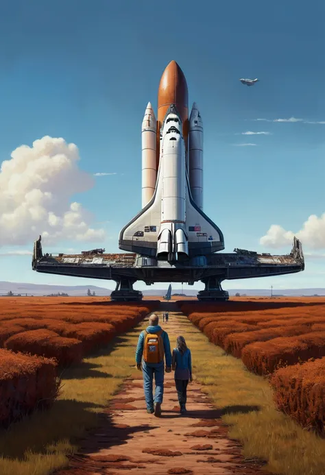 Space Shuttle in Rusty Field, landscape village, people standing, photorrealistic, Simon Stenhag style