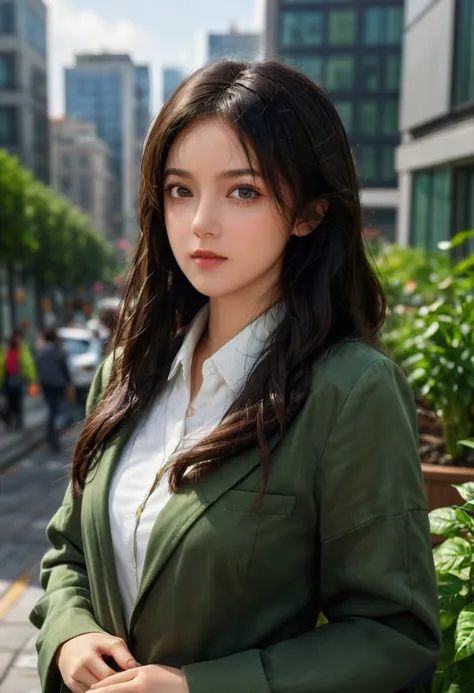 Create a 4K, highly detailed, and beautifully rendered image of a female urban environmental engineer, standing confidently in a bustling cityscape. She has long, wavy dark brown hair and hazel eyes, wearing practical yet stylish eco-friendly clothing in g...