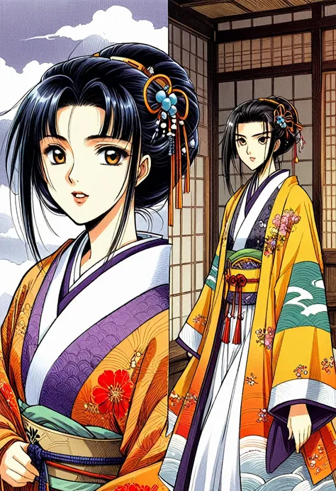 Cartoon of a woman in a kimono, Wearing a loose robe, ((wearing a noble robe)), Color manga page, Ishida Sui Art Manga, From the Sengoku period, Inspired by Sukenori Nishikawa, She is wearing an old Japanese princess outfit, In manga style, Color Manga Sty...