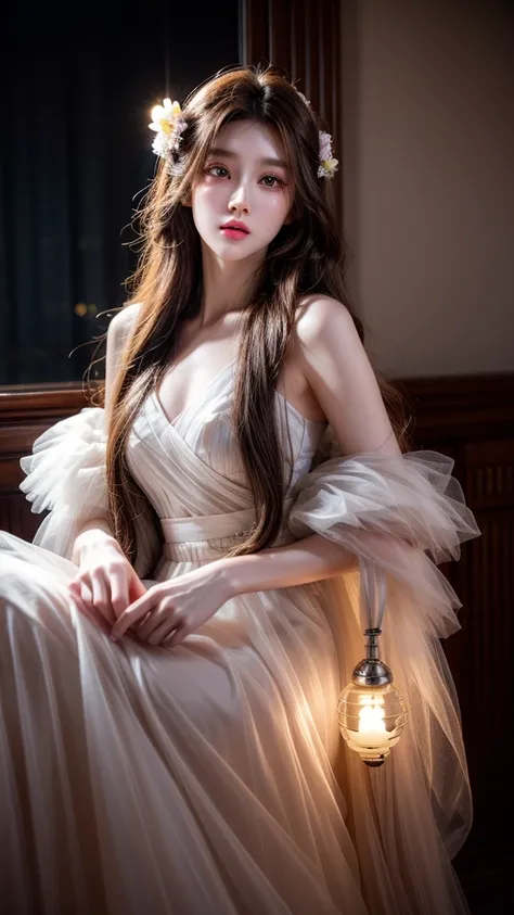 Long flowing brown hair，Fluorescent eyeshadow，Glowing pale eyeoon，Demon-free，Plush earoonlight，Flowing tulle，Best picture quality，Transparent flowers，Gradient petals，Flower hairpin，Noodles