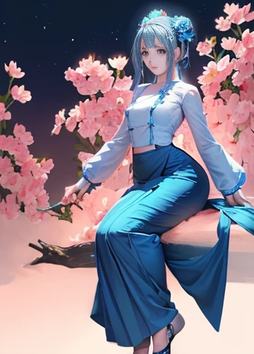 photorealistic, high resolution, masterpiec e best quality ultra-detailed, 1women. (m edium breast), hair bun, jesmine flower o n the head, mature female, solo, hips up, (wearing acmmsayarma outfit, acmmsaya rma ( 💙 top ) with buttons, long sleeves), ((acm...