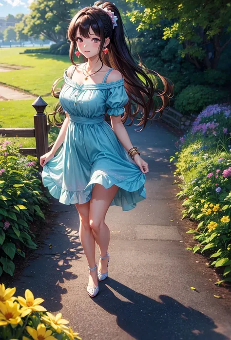 A beautiful girl walking in a garden while contemplating the flowers, anime girl, (20 year old girl:1.3), beautiful garden full of flowers and trees, blue sky with white clouds, butterflies around, cute elegant dress, short sleeves, shows shoulders, heels,...