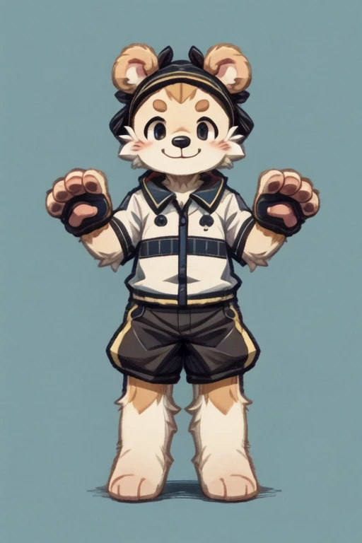 score_9, score_8_up, score_7_up, with Short sleeves , fake animal ears, animal ears, bear ears, paw gloves, bear paws, paw pose, smile, standing, simple background