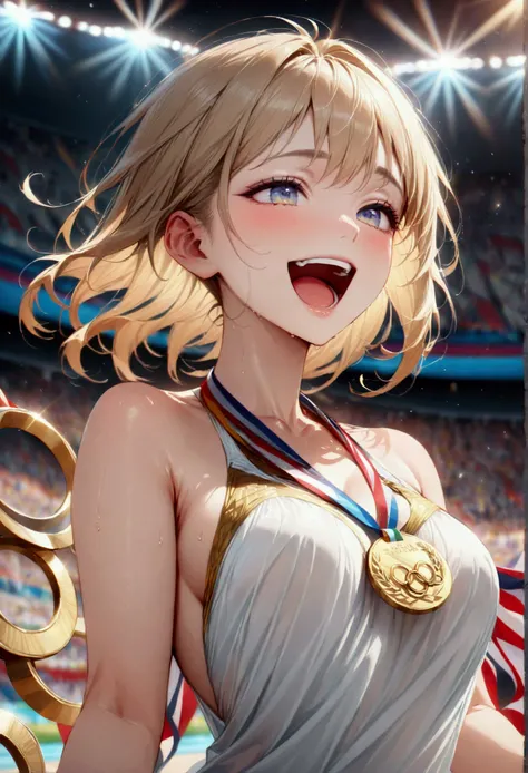 awards ceremony, gold medal worn around the neck, open mouth, She took the dangling gold medal and placed it against her teeth, happy, (masterpiece:1.2), best quality, high quality, Highres, (hyper detailed), Olympic, athlete,