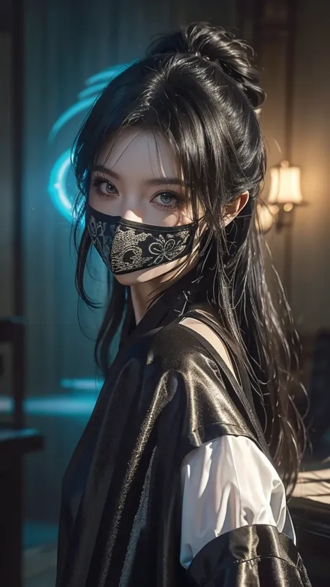 A stunningly beautiful woman with striking features, dressed in an intricately detailed ninja outfit. The scene is set at night, captured in breathtaking 8k resolution. Her attire is sleek and form-fitting, accentuating her lithe, athletic build. Her eyes ...