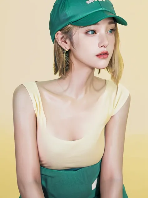 Already full,  1 Girl, Aqua eyes, Baseball cap, Blonde Hair, Shut up, earrings, Green Background, have, hoop earrings, Jewelry, Looking at the audience, shirt, short hair, Simple background, Solitary, Upper Body, yellow shirt 