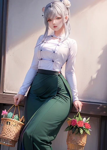 photorealistic, high resolution, masterpiec e best quality ultra-detailed, 1women. (m edium breast), hair bun, jesmine flower o n the head, mature female, solo, hips up, (wearing acmmsayarma outfit, acmmsaya rma (♥️ top ) with buttons, long sleeves), ((acm...